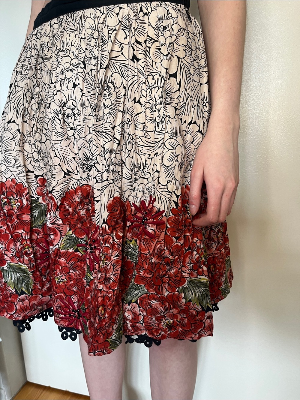 Boho Floral Border Red and Cream A-Line Skirt edme & esyllte
